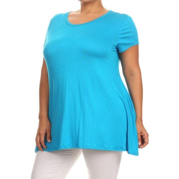 Women's Plus Size Turquoise Tunic Top With Pockets Scoop Neck Short Sleeves Stre - Picture 3 of 8